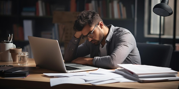 Un homme épuisé dort sur son bureau à côté d'un ordinateur portable et de documents