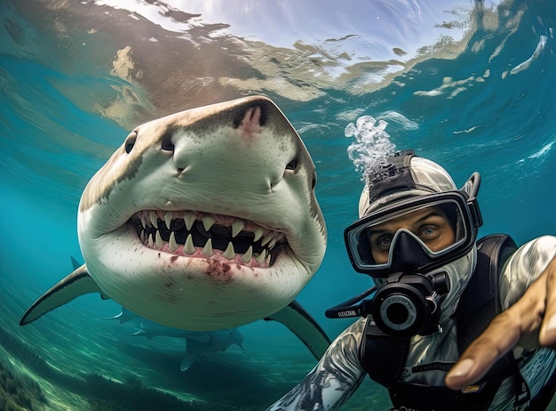 un homme avec de l'équipement de câlinage tient un requin dans le style des effets œil de poisson
