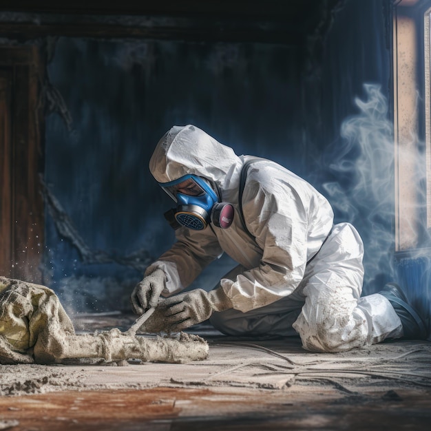 Un homme en équipement de protection désinfecte avec un pulvérisateur dans la vieille maison abandonnée