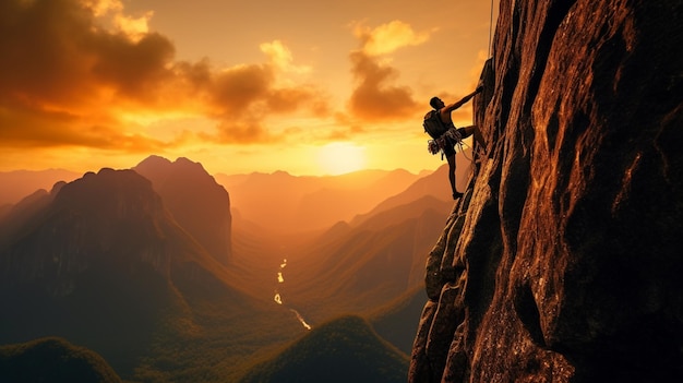 Un homme escaladant une montagne avec un coucher de soleil en arrière-plan