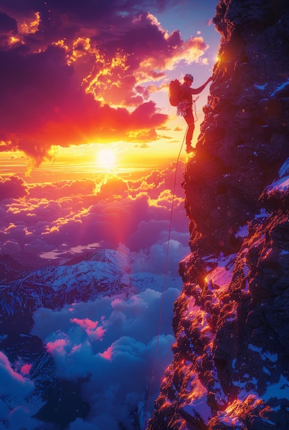 Un homme escalade une montagne avec un coucher de soleil en arrière-plan le ciel est rempli de nuages et le soleil se couche créant une atmosphère belle et sereine