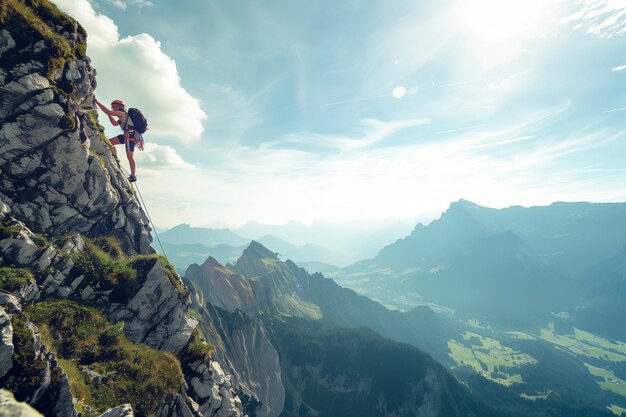 Un homme escalade une montagne avec un sac à dos.