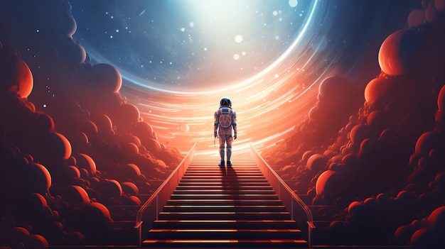 Un homme de l'espace se tient sur les escaliers futuristes et regarde