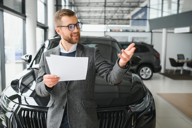 Homme d'esprit client acheteur masculin client en costume choisir auto pour aller regarder de côté vouloir acheter une nouvelle automobile dans la salle d'exposition de voitures salon de véhicules concessionnaire magasin salon de l'automobile concept de vente intérieur