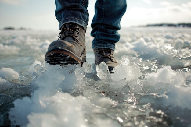 Un homme essaie de briser la glace avec ses pieds sans succès.