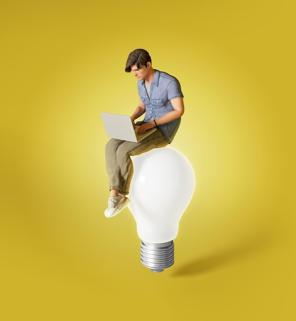Un homme est assis sur une ampoule avec un ordinateur portable sur ses genoux.