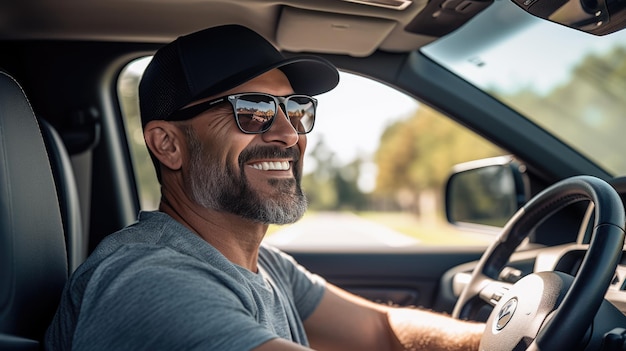 L'homme est assis au volant d'une voiture et sourit