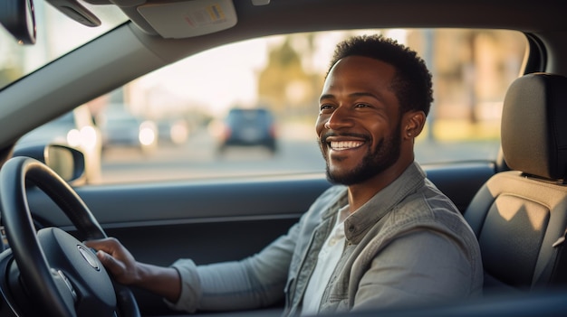 L'homme est assis au volant d'une voiture et sourit