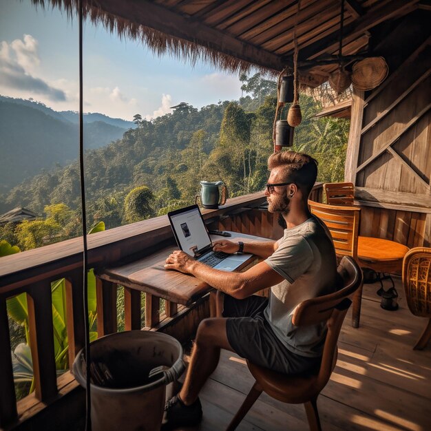 un homme est assis sur un balcon avec un ordinateur portable et un seau d'eau