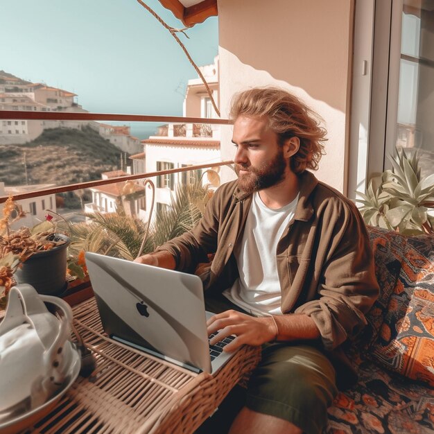 un homme est assis sur un balcon avec un ordinateur portable et une vue sur l'océan