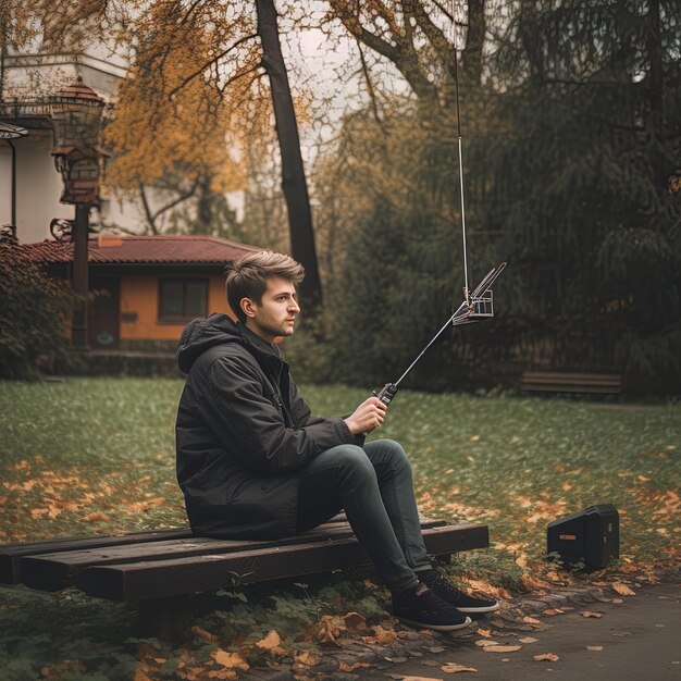 Photo un homme est assis sur un banc avec un bâton qui dit le mot dessus