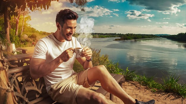 un homme est assis sur un banc et boit d'une tasse de thé