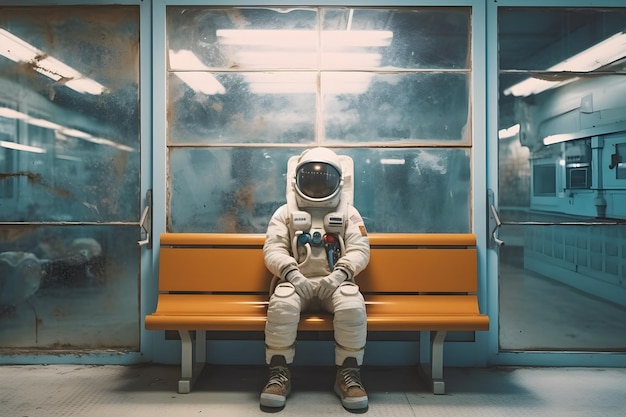 Un homme est assis sur un banc dans une station de métro avec un panneau qui dit "astronaute"