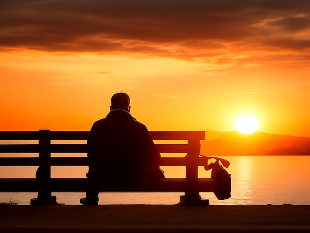 Un homme est assis sur un banc devant un coucher de soleil