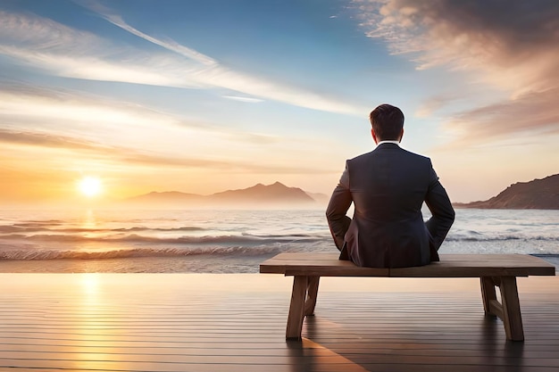 Un homme est assis sur un banc face à la mer au coucher du soleil.