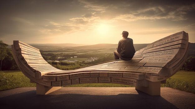 Un homme est assis sur un banc avec les mots "le mot" dessus '