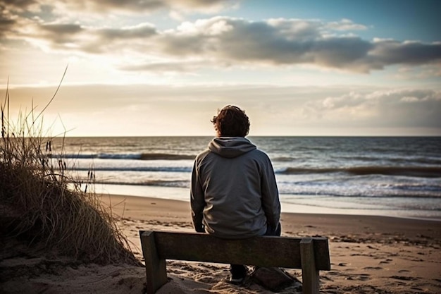 Photo un homme est assis sur un banc à la plage et regarde la mer.