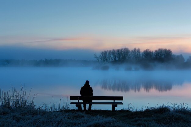 Un homme est assis sur un banc près d'un lac et regarde l'eau.