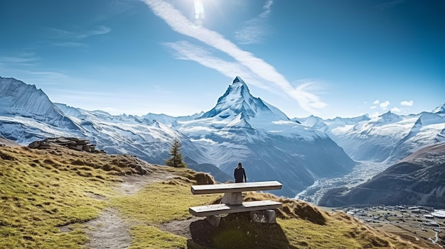 Un homme est assis sur un banc et regarde une montagne.