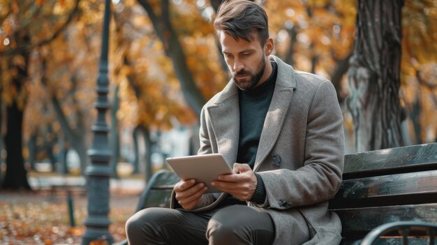 un homme est assis sur un banc et utilise une tablette