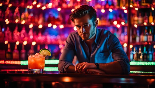 un homme est assis à un bar avec un verre et un verre avec un homme en chemise bleue