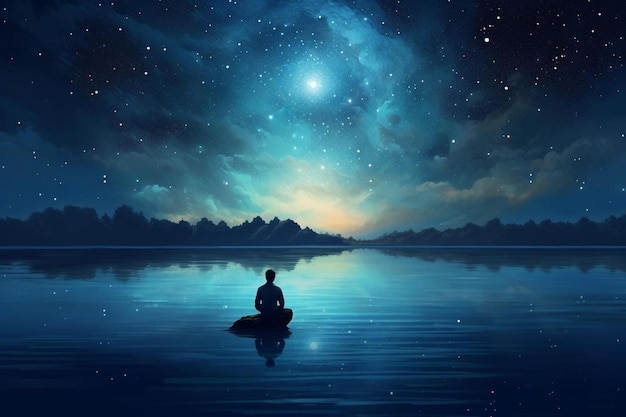 un homme est assis sur un bateau dans l'eau sous un ciel étoilé.