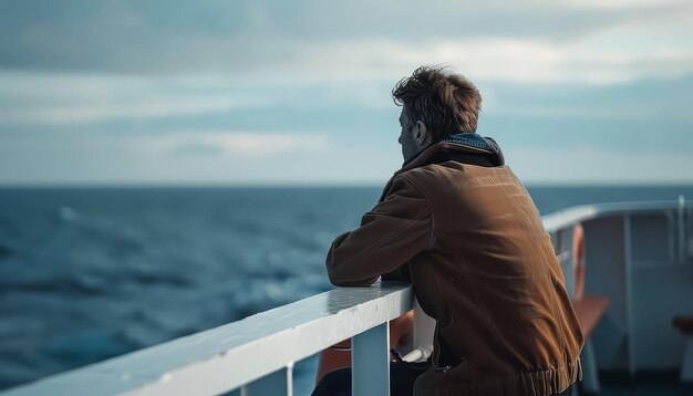 Un homme est assis sur un bateau dans l'océan en regardant l'eau