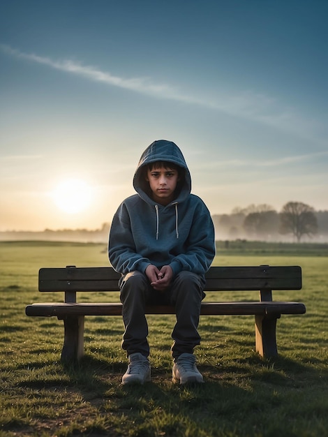 Un homme est assis sur le bord d'un champ portant une capuche un matin d'hiver