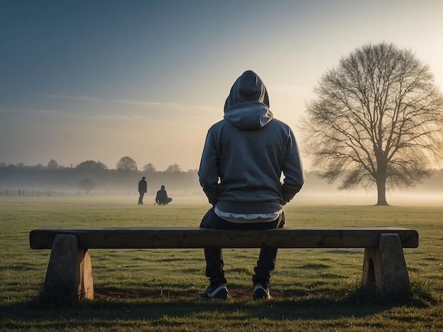 Un homme est assis sur le bord d'un champ portant une capuche un matin d'hiver