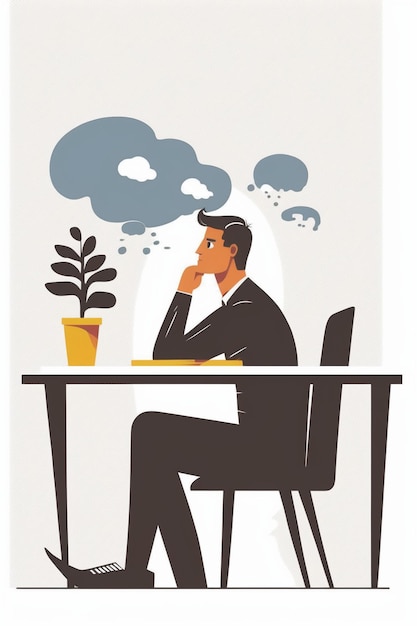Un homme est assis à un bureau avec une bulle de pensée au-dessus de sa tête.