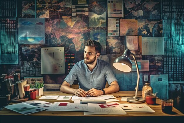Photo un homme est assis à un bureau avec une carte du monde sur le mur derrière lui.