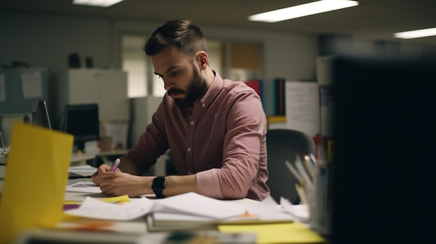 Un homme est assis à un bureau dans un bureau, écrivant sur un morceau de papier.