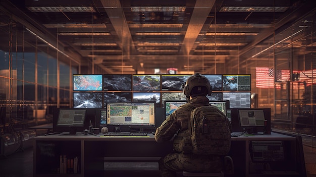 Un homme est assis à un bureau dans une pièce avec des écrans montrant un soldat assis à un bureau avec un écran d'ordinateur affichant une partie du jeu.