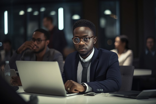 Un homme est assis à un bureau dans une pièce sombre, avec un ordinateur portable devant lui.