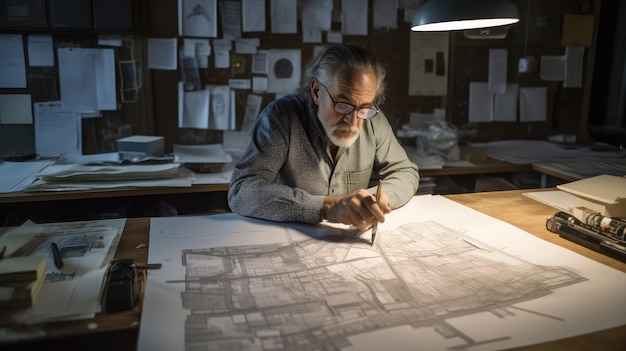 Un homme est assis à un bureau devant un dessin de maison.