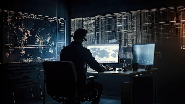 Un homme est assis à un bureau devant un écran d'ordinateur qui dit "cybersécurité"