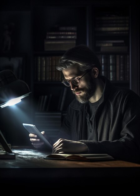 Un homme est assis à un bureau devant une lampe en train de lire un livre.