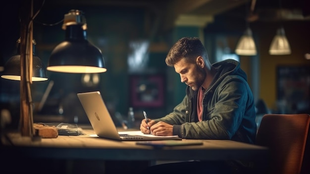 Un homme est assis à un bureau devant un ordinateur portable, écrivant sur un ordinateur portable.