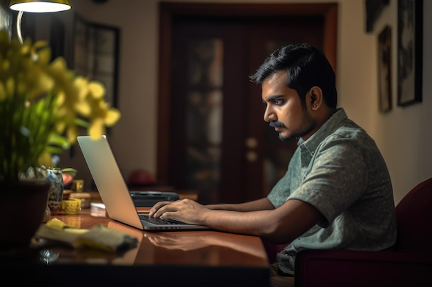 Un homme est assis à un bureau devant un ordinateur portable