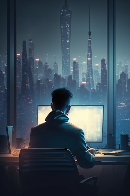 Un homme est assis à un bureau devant un paysage urbain.