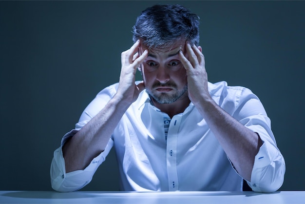 Un homme est assis à un bureau, les mains sur la tête.