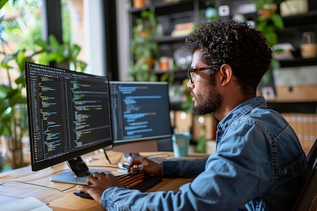 un homme est assis à un bureau avec un ordinateur et un écran d'ordinateur montrant le code de code