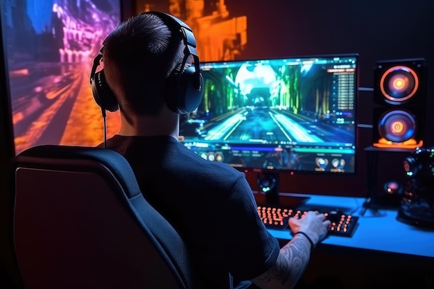 Un homme est assis à un bureau d'ordinateur et joue à des jeux sur un ordinateur portable