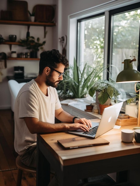 un homme est assis à un bureau avec un ordinateur portable et une tasse de café.