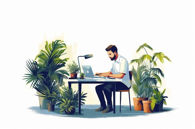 Un homme est assis à un bureau avec des plantes en arrière-plan.