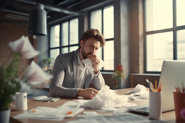 Un homme est assis à un bureau avec une serviette à la main et beaucoup de papiers dessus.