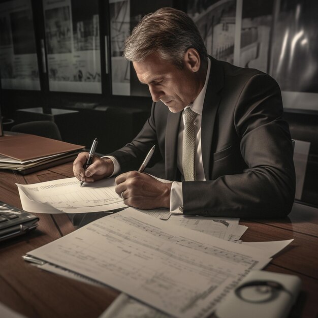 un homme est assis à un bureau avec un stylo à la main et un stylo à la main.