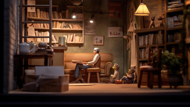 Un homme est assis sur une chaise devant une bibliothèque avec une lampe au mur qui dit "le petit prince"