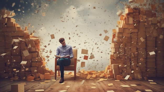 Un homme est assis sur une chaise entouré de cartons et d'un mur de cartons.