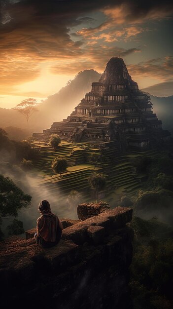 un homme est assis sur une colline avec une vue sur le temple